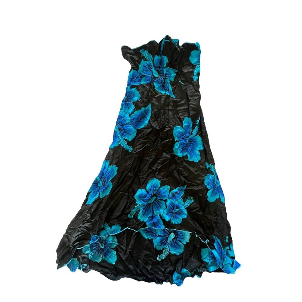 Favant Strapless Floral Print Smocked Dress Womens OS Black Blue Hawaiian